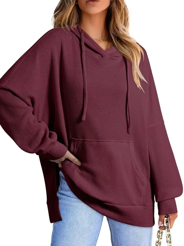 Slit Drawstring Waffle Knit Hoodie