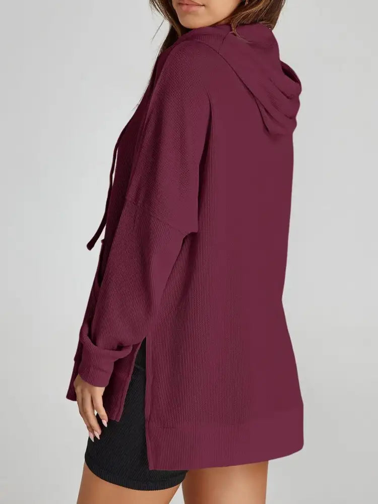 Slit Drawstring Waffle Knit Hoodie