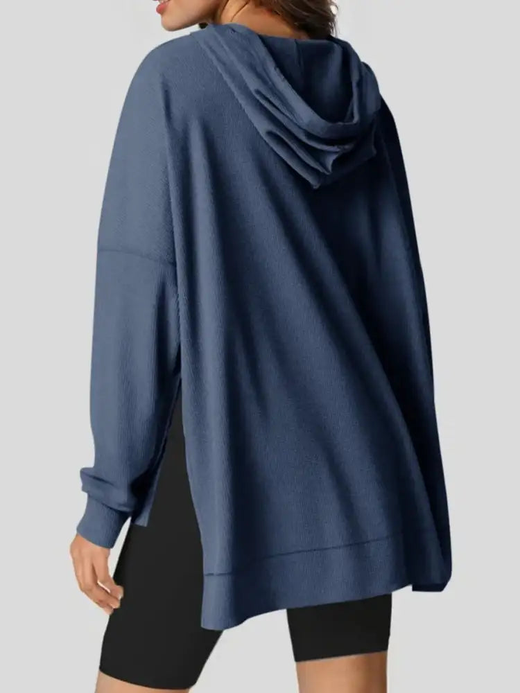 Slit Drawstring Waffle Knit Hoodie