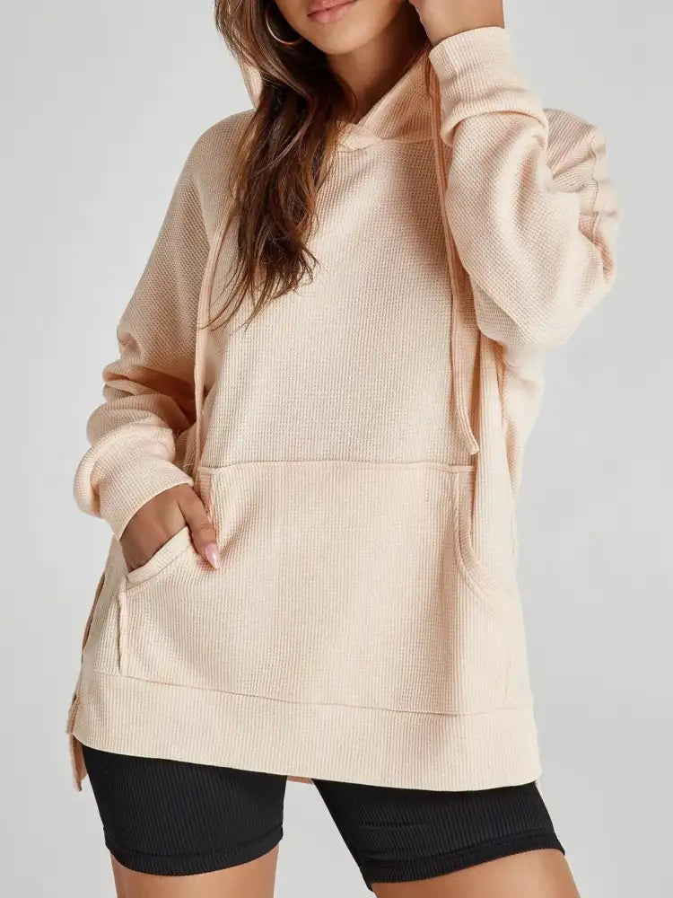 Slit Drawstring Waffle Knit Hoodie