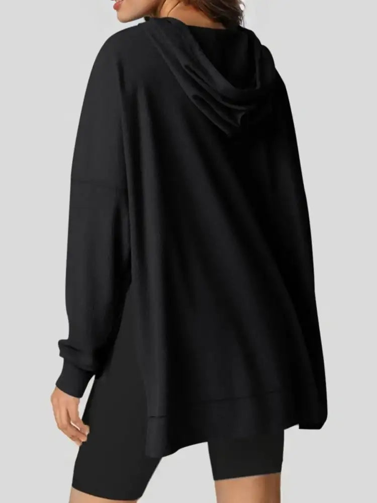 Slit Drawstring Waffle Knit Hoodie