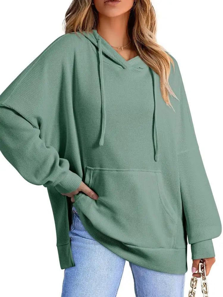 Slit Drawstring Waffle Knit Hoodie