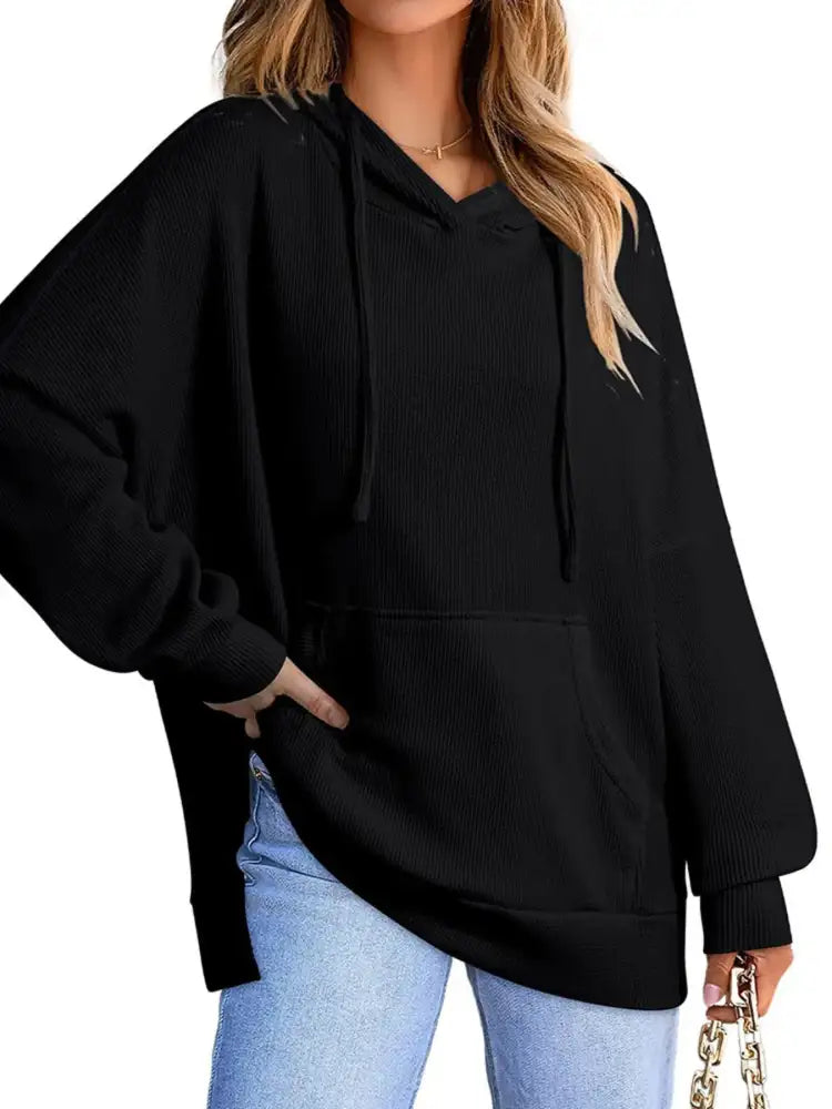 Slit Drawstring Waffle Knit Hoodie