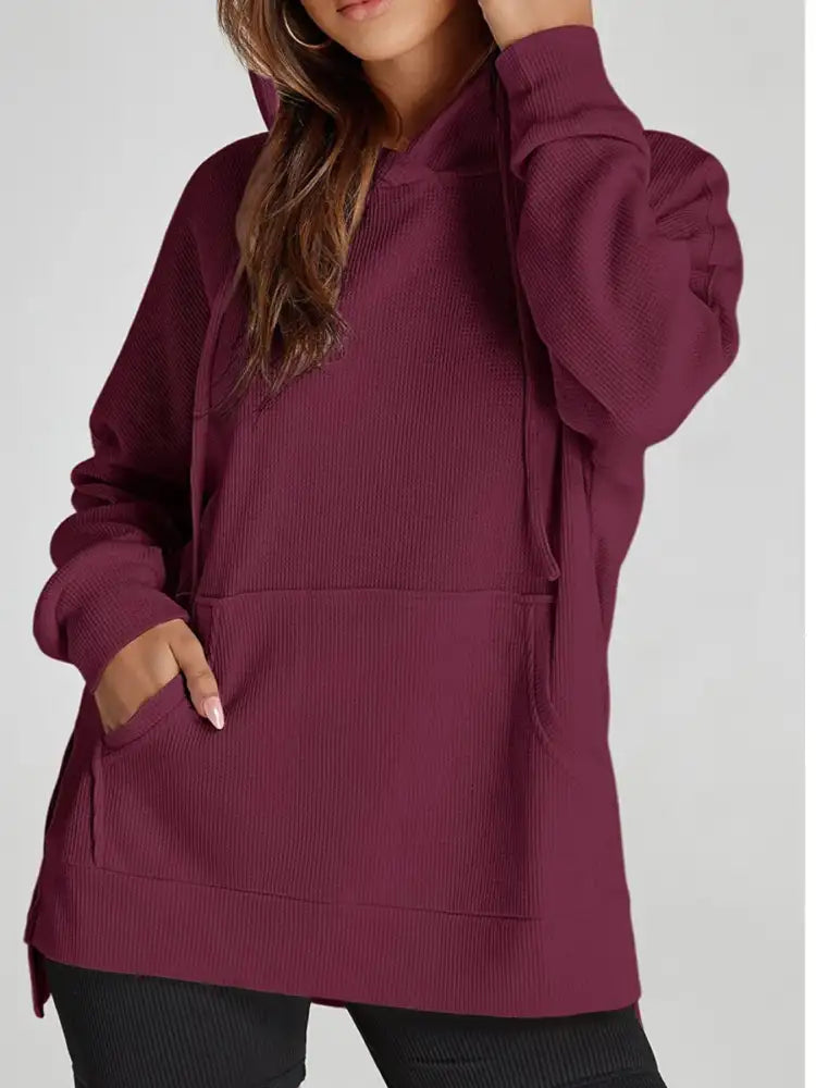 Slit Drawstring Waffle Knit Hoodie