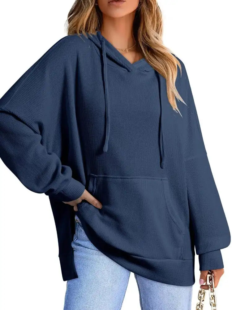 Slit Drawstring Waffle Knit Hoodie