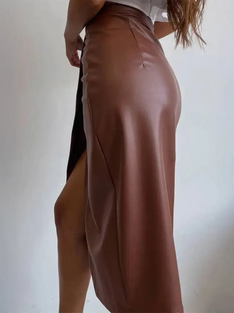 Slit Leather Midi Skirt