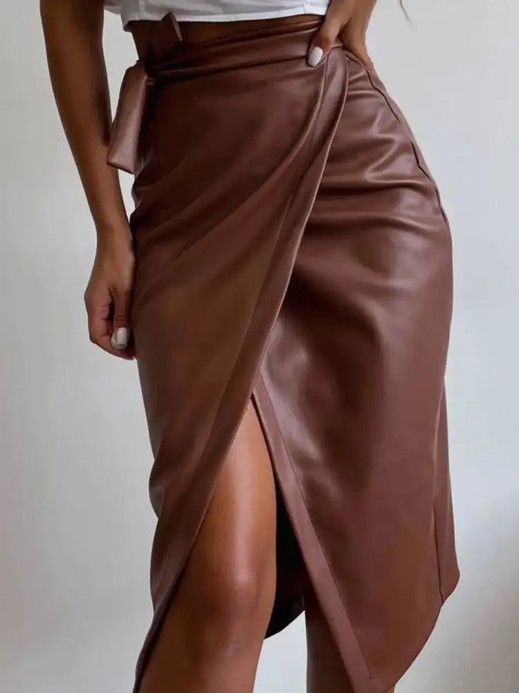 Slit Leather Midi Skirt