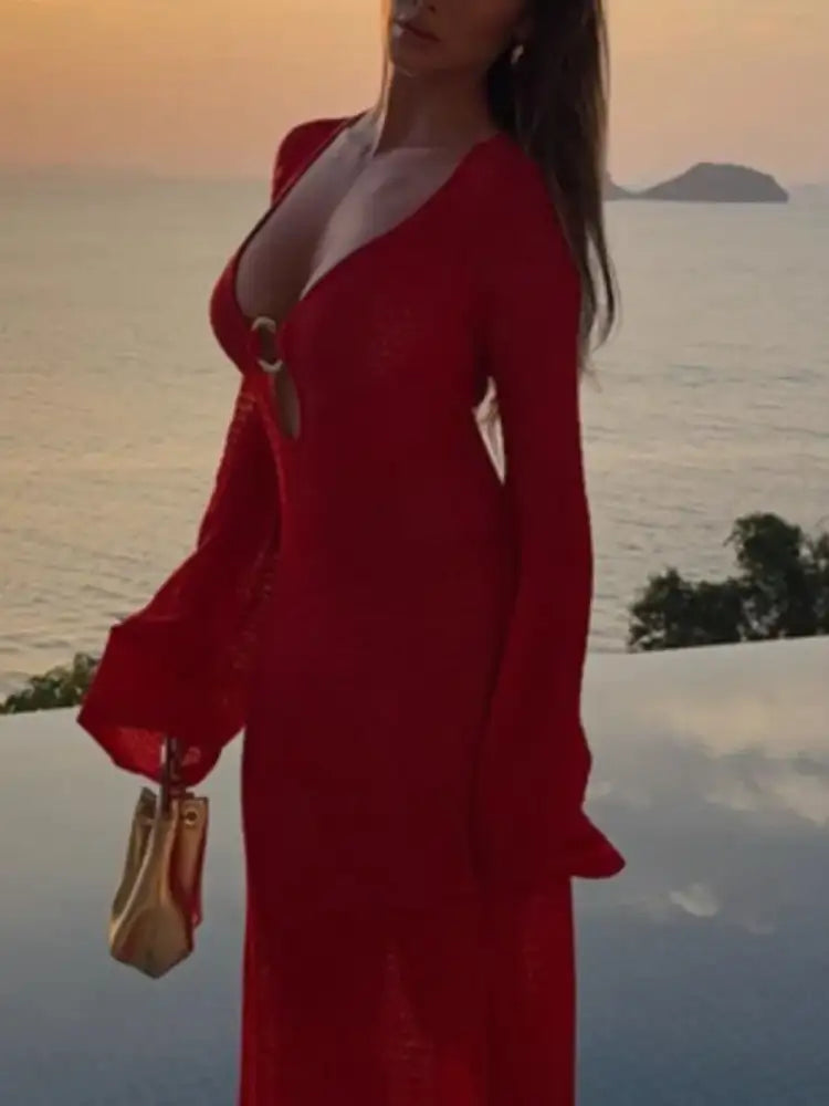 Slit Plunge Flare Sleeve Cover-Up Dress