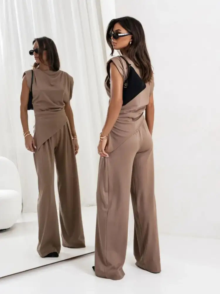 Women’s Asymmetrical Slit Two-Piece Set Polyester Spandex