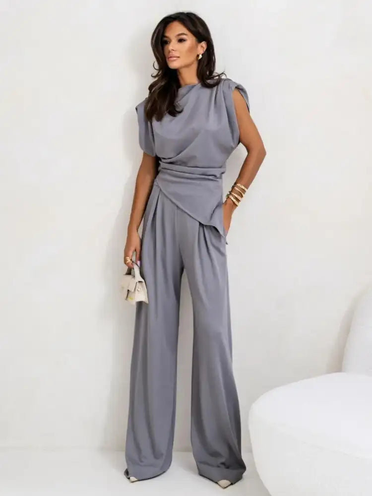 Women’s Asymmetrical Slit Two-Piece Set Polyester Spandex