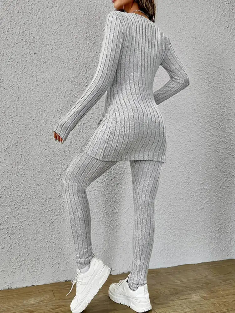 Slit V-Neck Ribbed Top and Pants Set