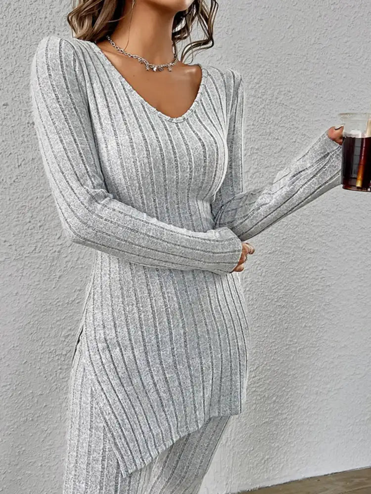 Slit V-Neck Ribbed Top and Pants Set