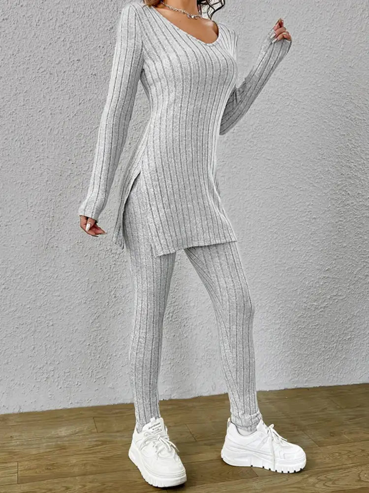 Slit V-Neck Ribbed Top and Pants Set
