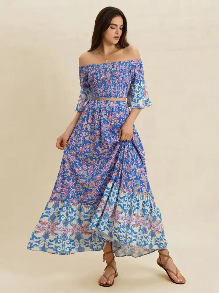 Smocked Off-Shoulder Printed Top and Skirt Set