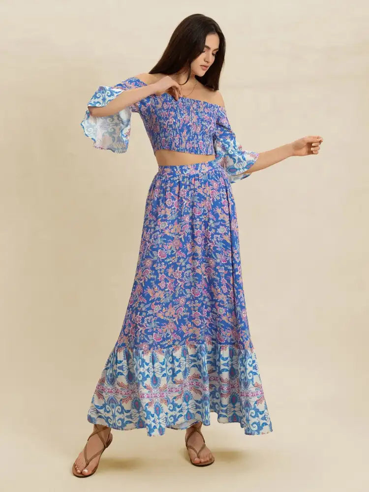 Smocked Off-Shoulder Printed Top and Skirt Set