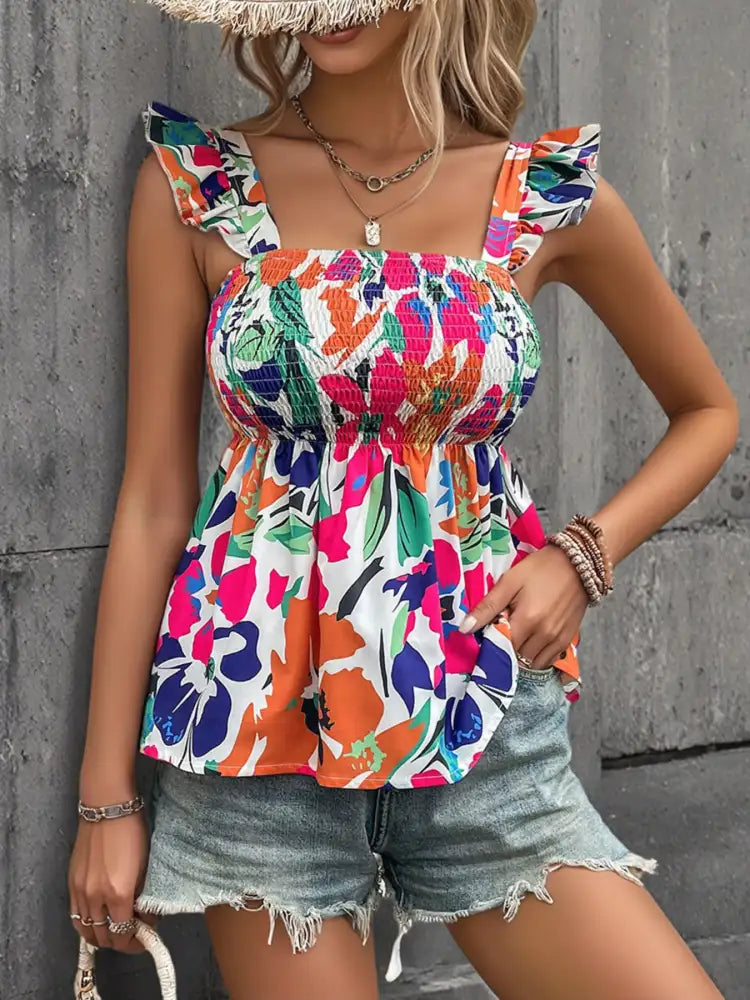 Smocked Printed Ruffled Blouse