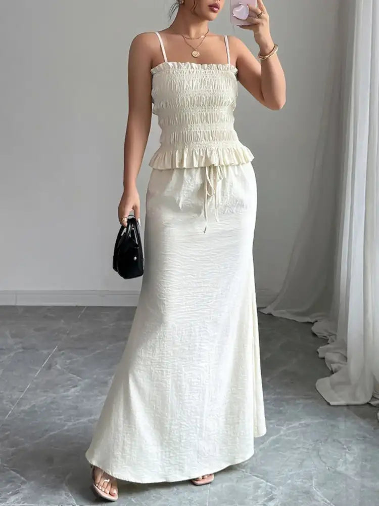 Smocked Ruffled Hem Cami and Maxi Skirt Set