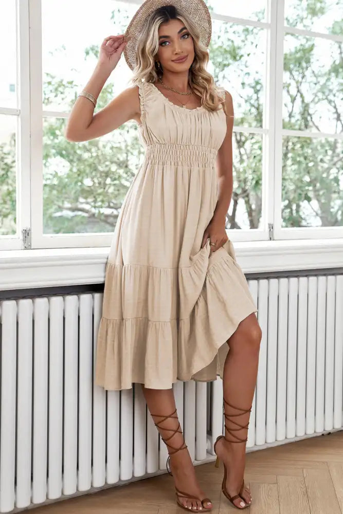 Smocked Waist Sleeveless Tiered Dress with Pockets