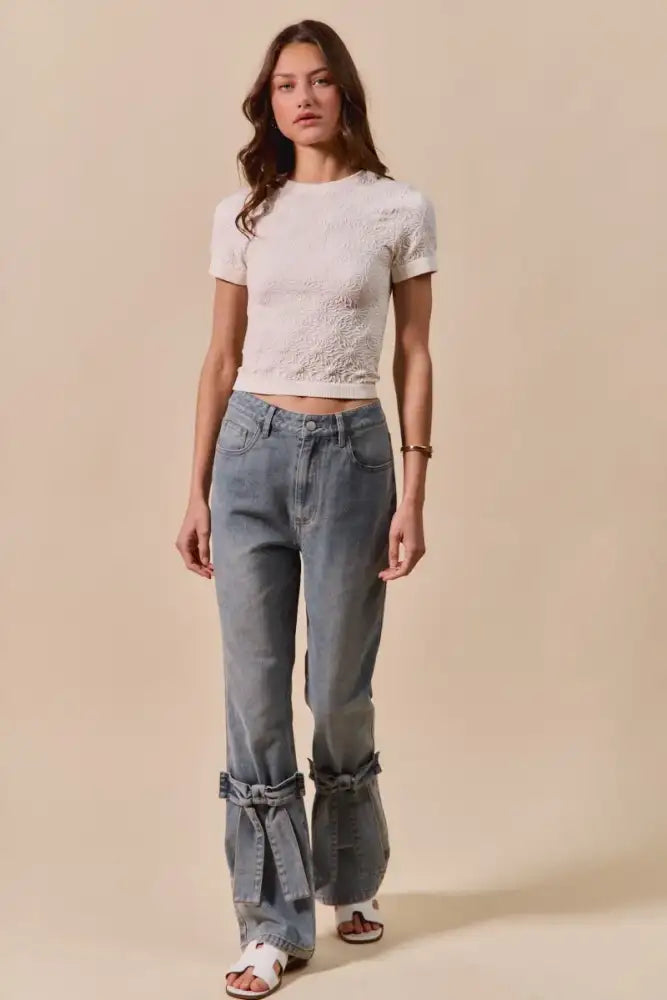 SO ME Floral Patterned Seamless Short Sleeve Top