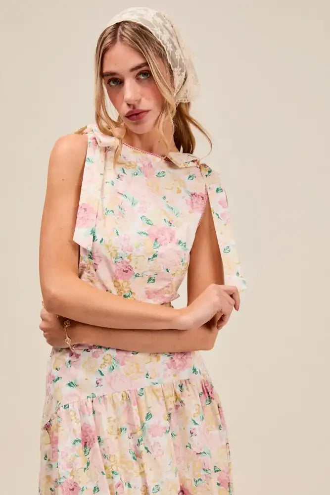 SO ME Floral Printed Woven Shoulder Bow Tie Top and Skirt Set
