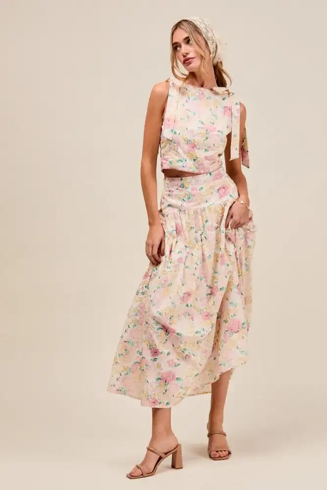 SO ME Floral Printed Woven Shoulder Bow Tie Top and Skirt Set