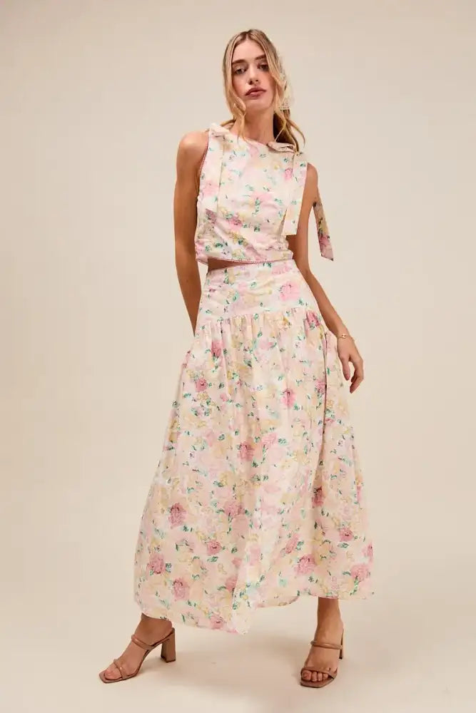 SO ME Floral Printed Woven Shoulder Bow Tie Top and Skirt Set