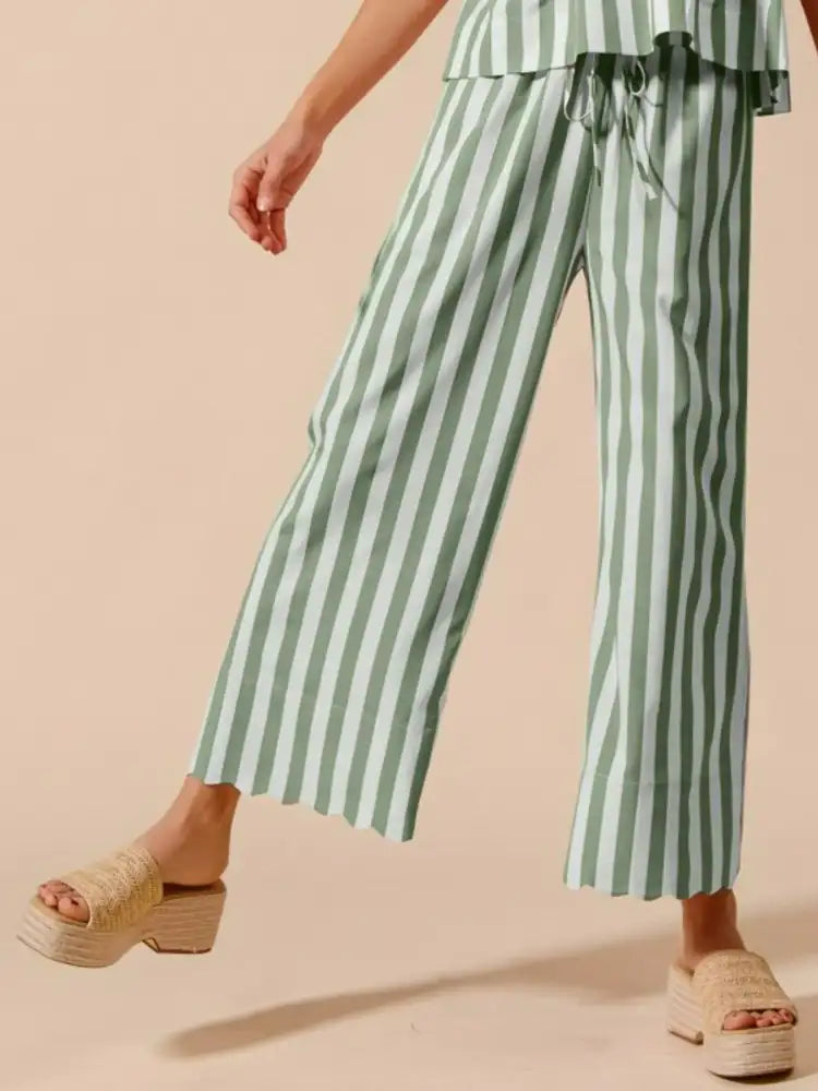 SO ME Front Tie Stripe Puff Sleeves Top and Wide Leg Pants Set