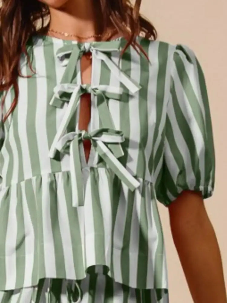 SO ME Front Tie Stripe Puff Sleeves Top and Wide Leg Pants Set