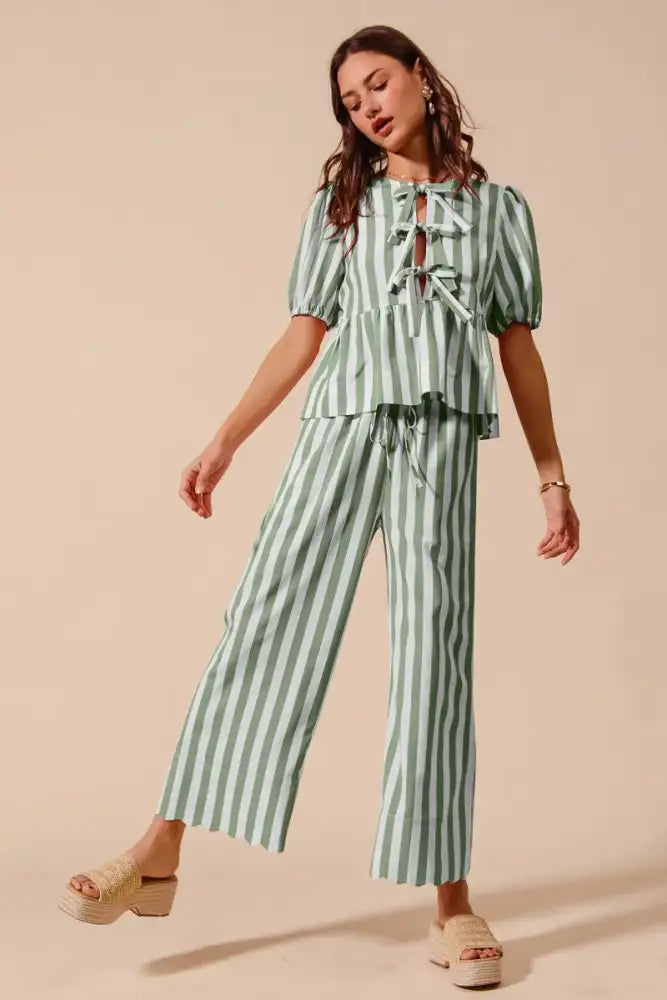SO ME Front Tie Stripe Puff Sleeves Top and Wide Leg Pants Set