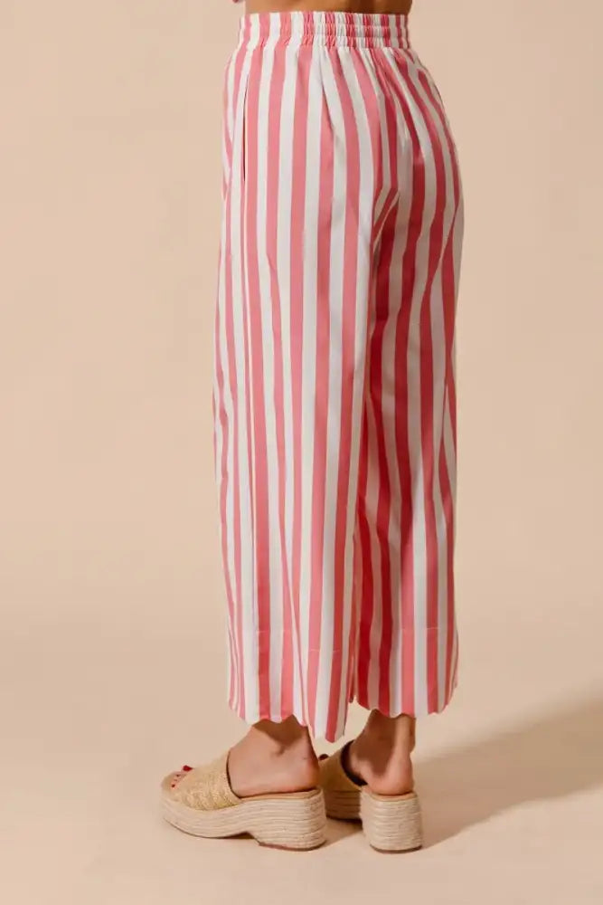 SO ME Front Tie Stripe Top With Puff Sleeves and Wide Leg Pants Set
