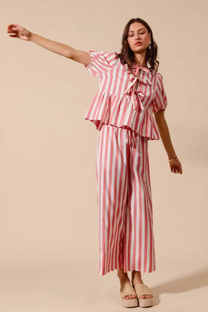 SO ME Front Tie Stripe Top With Puff Sleeves and Wide Leg Pants Set