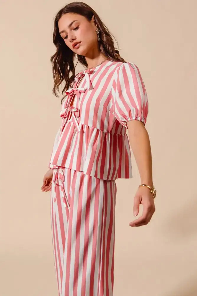 SO ME Front Tie Stripe Top With Puff Sleeves and Wide Leg Pants Set