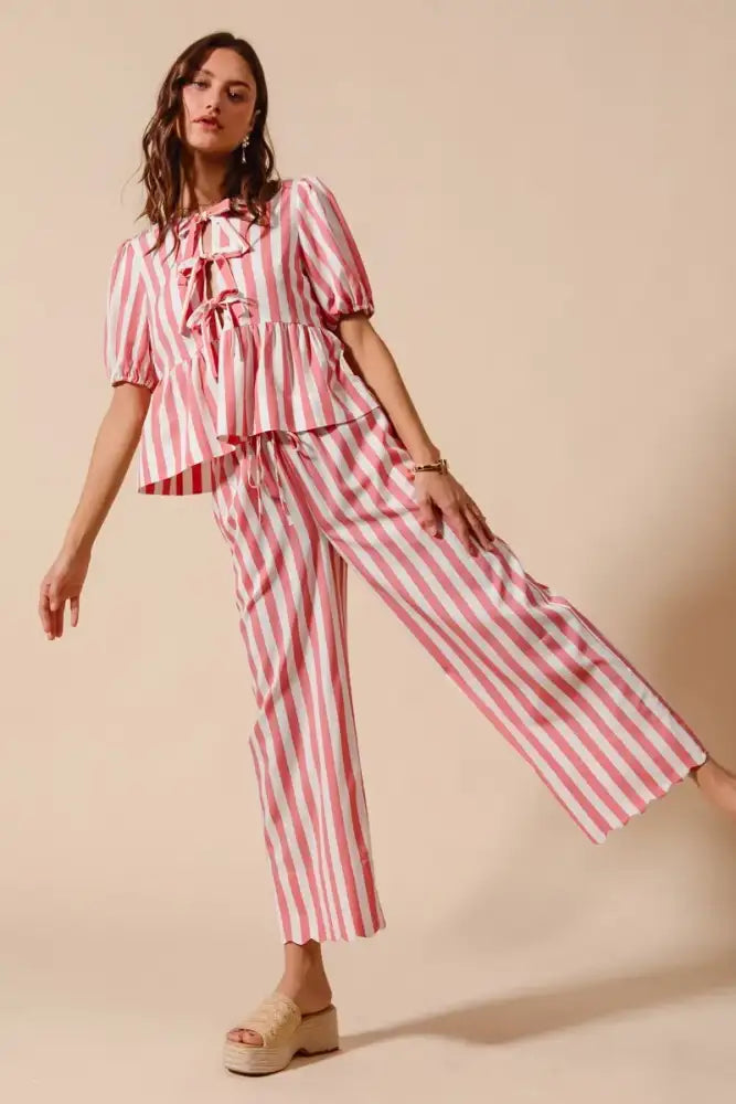 SO ME Front Tie Stripe Top With Puff Sleeves and Wide Leg Pants Set