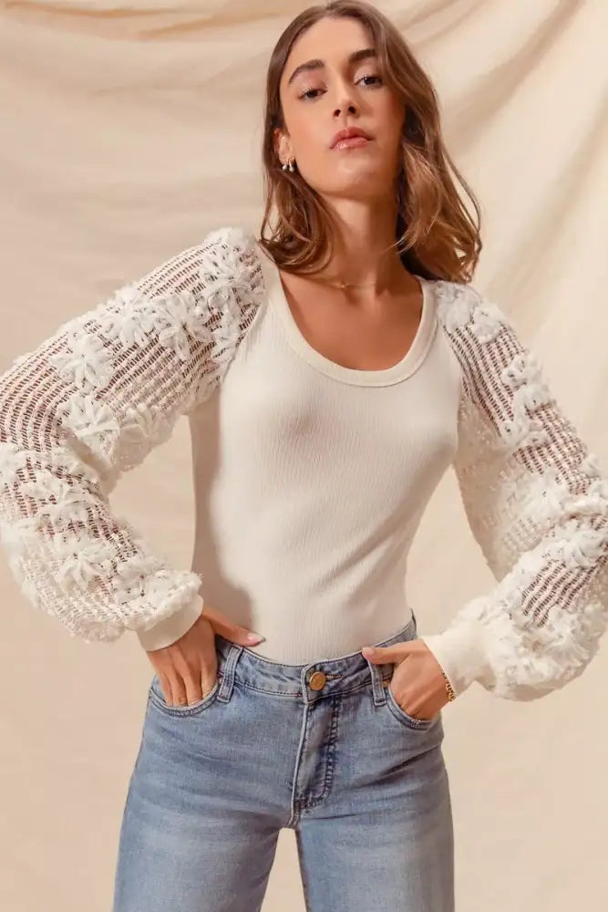 SO ME Rib Knit Top with Lace Balloon Sleeves