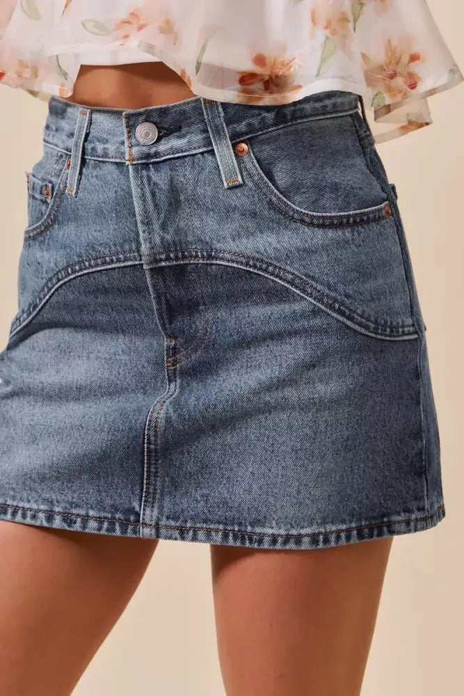 SO ME Washed Denim Mini Skirt with Pockets