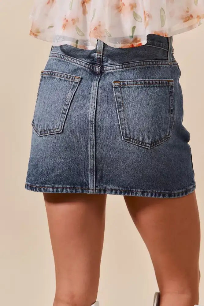 SO ME Washed Denim Mini Skirt with Pockets