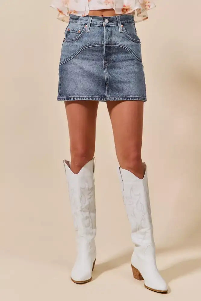 SO ME Washed Denim Mini Skirt with Pockets