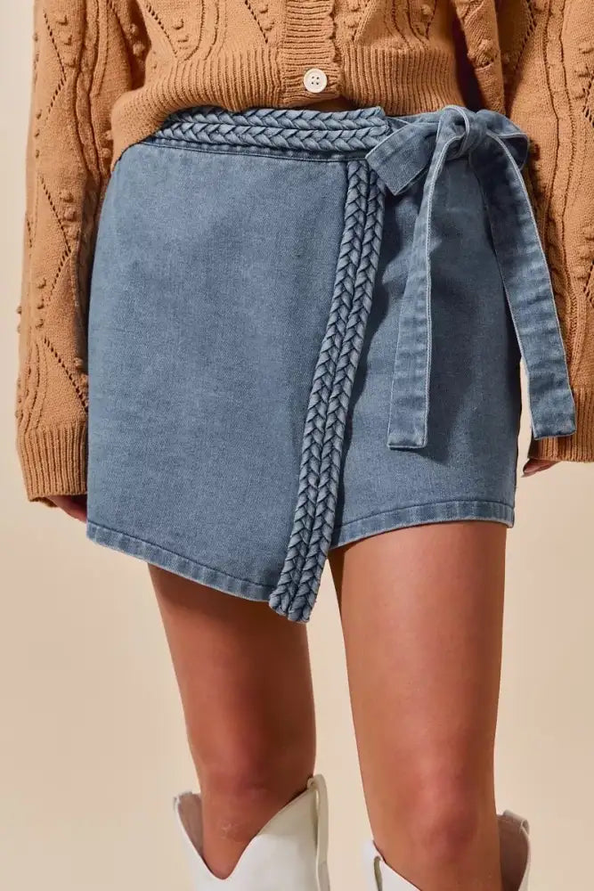 SO ME Wrap Braided Trimmed Denim Skort