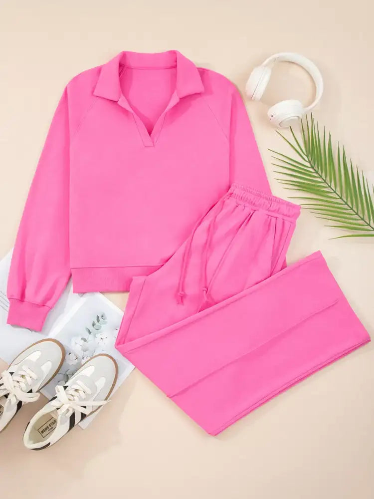 Solid Color Collared Pullover and Central Seam Pants Set