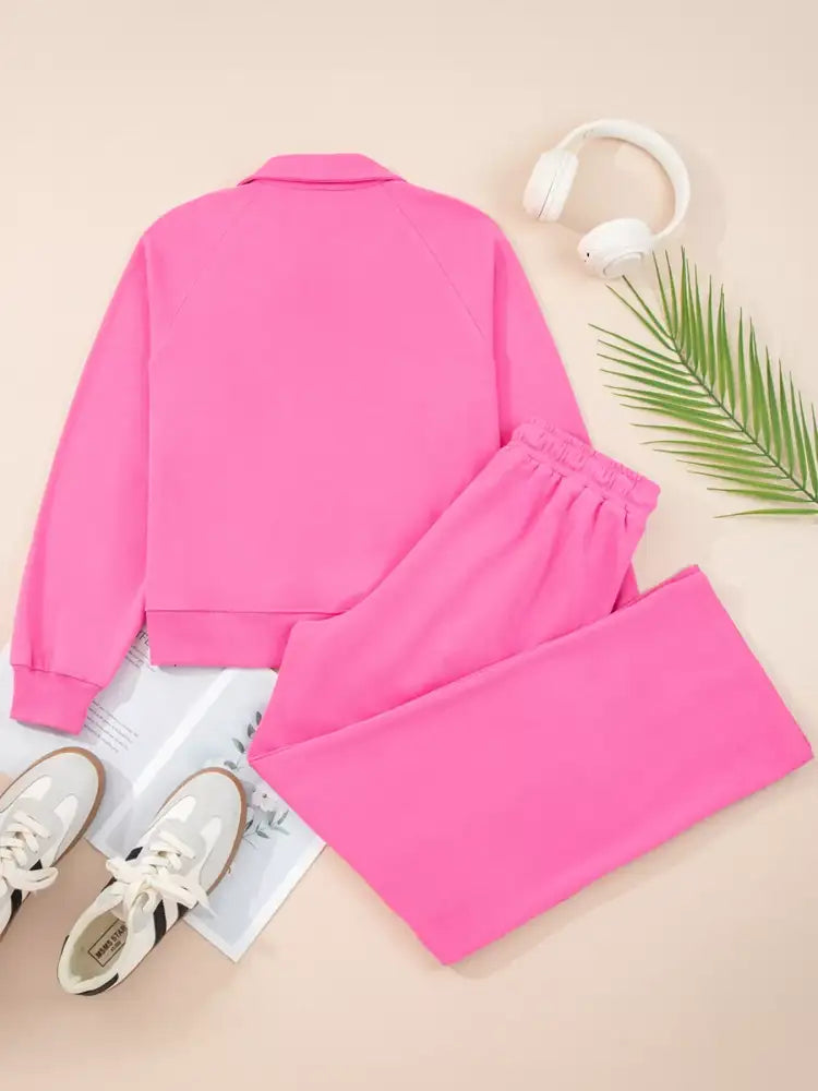 Solid Color Collared Pullover and Central Seam Pants Set