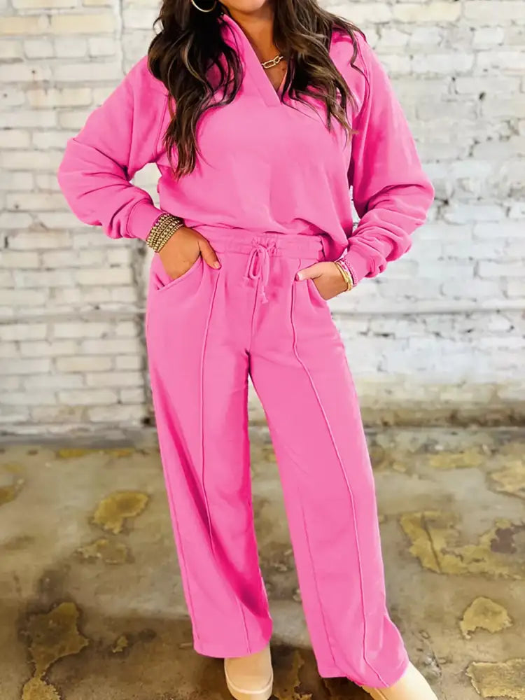 Solid Color Collared Pullover and Central Seam Pants Set