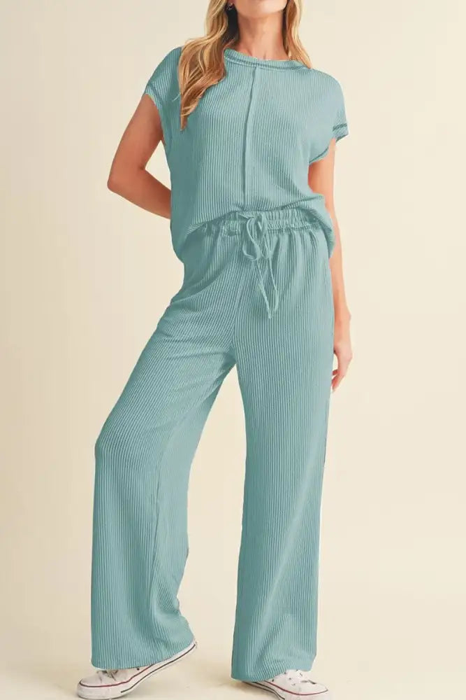 Solid Color Corded Short Sleeve Top and Casual Pants Set