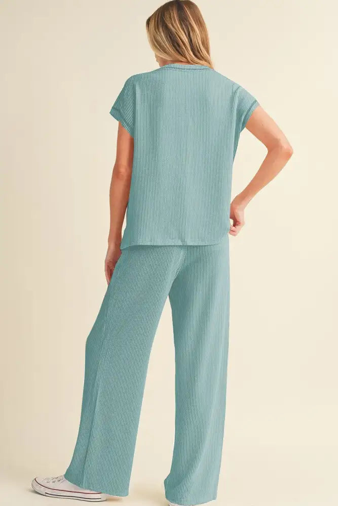 Solid Color Corded Short Sleeve Top and Casual Pants Set