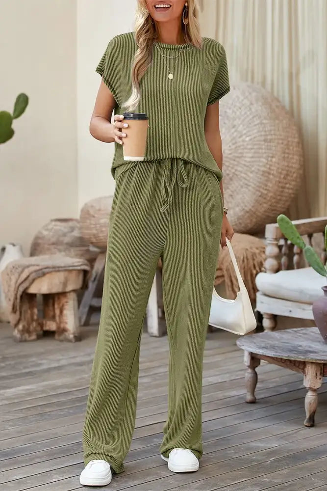 Solid Color Corded Short Sleeve Top and Casual Pants Set