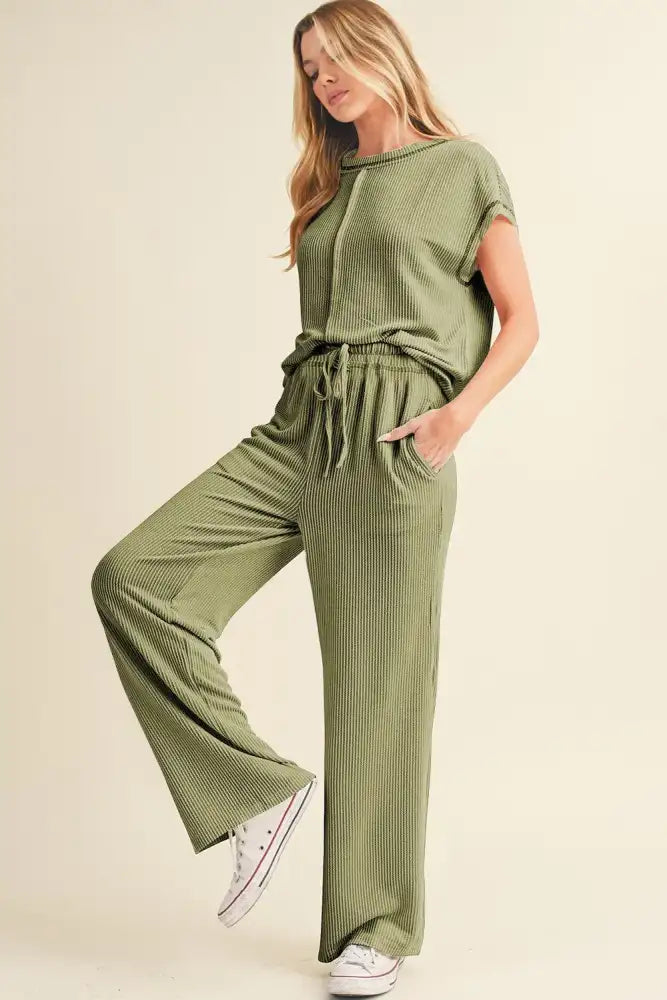 Solid Color Corded Short Sleeve Top and Casual Pants Set