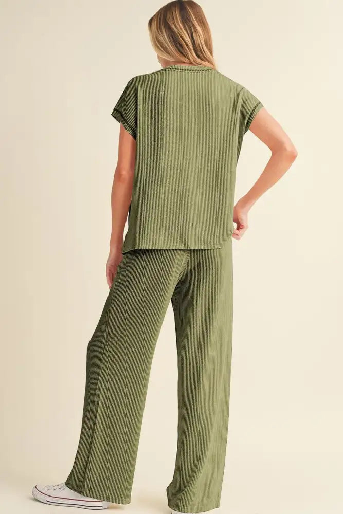 Solid Color Corded Short Sleeve Top and Casual Pants Set