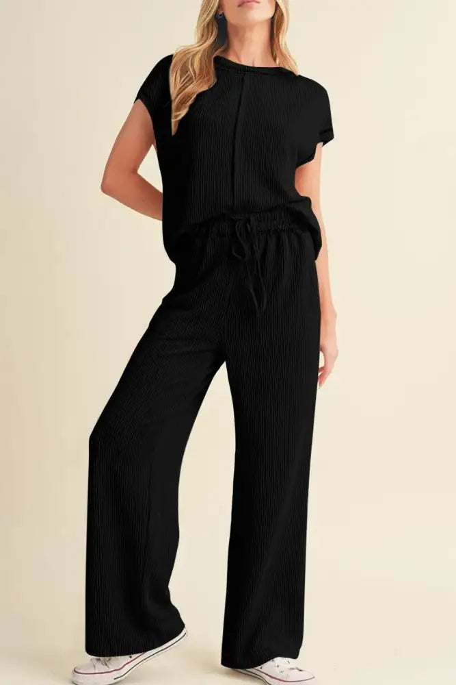 Solid Color Corded Short Sleeve Top and Casual Pants Set