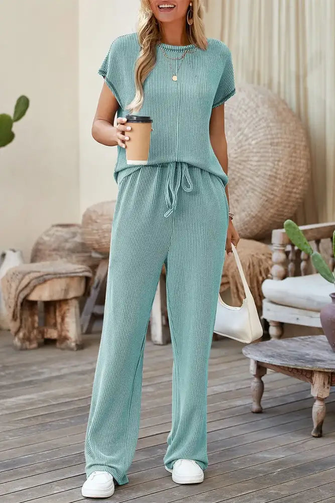 Solid Color Corded Short Sleeve Top and Casual Pants Set