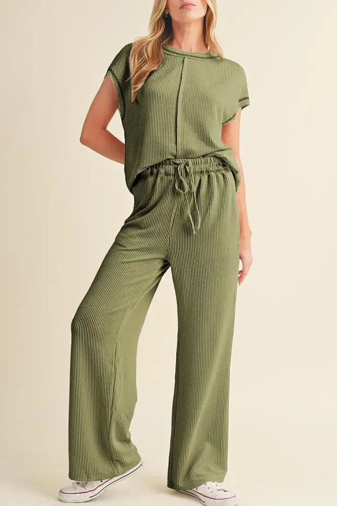 Solid Color Corded Short Sleeve Top and Casual Pants Set