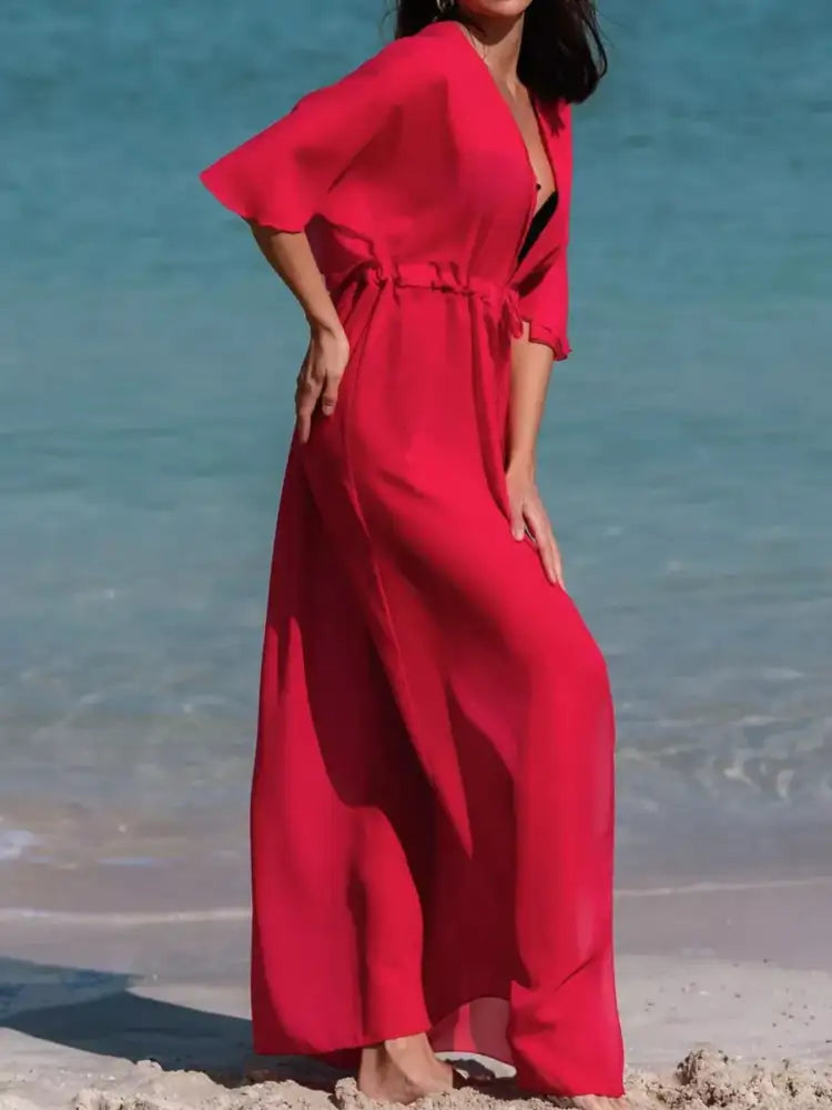 Solid Color Flutter Sleeve Cover-Up
